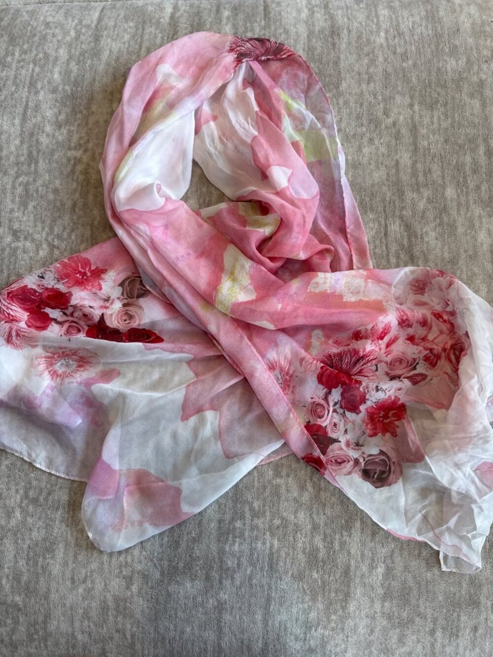 Vibrant Sheer White Rectangle with Red Pink Flowers Silk Scarf Spring Summer